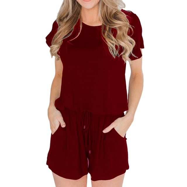 Mono a rayas de color sólido para mujer, mono de manga corta con cordón y pantalones cortos seitruly FS11767-06