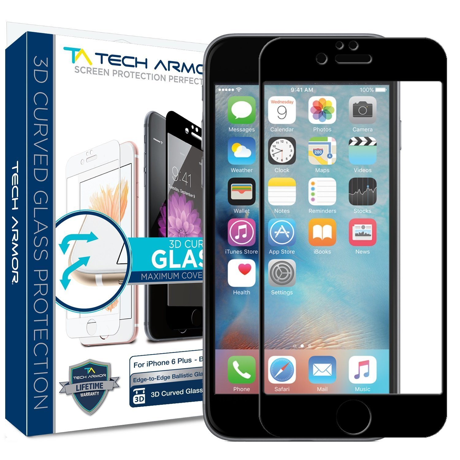 iPhone 6 Plus Screen Protector, Tech Armor 3D Curved Edge Glass Apple