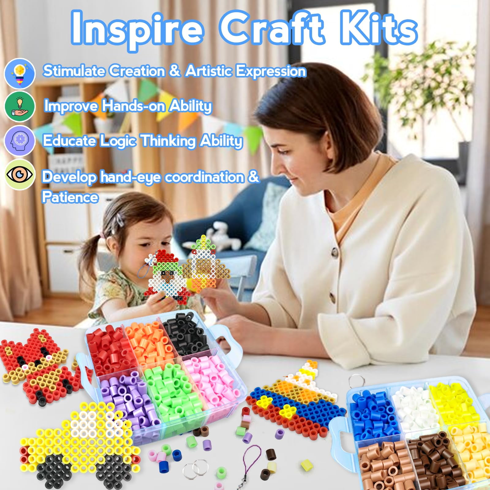 10mm Large Fuse Beads Kit– 12 Colors XL Set with Storage Box, Ironing Papers, Pegboards, Booklet, DIY Art Craft Gift for Girls & Boys Age 3+, for Birthday, Christmas, Available in Blue, Red, or White