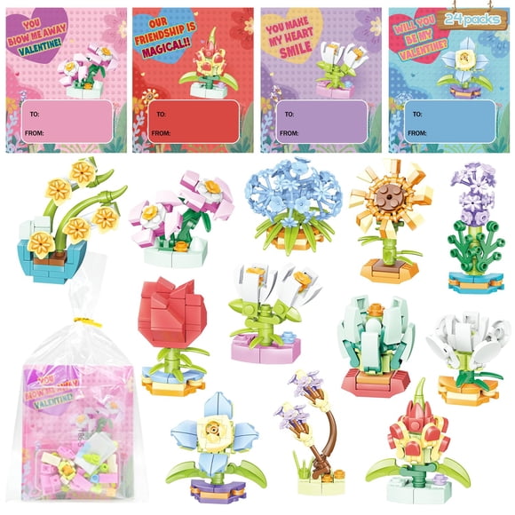 Tarjetas de San Valentín para niños WODMAZ Flower Bouquet, 24 paquetes