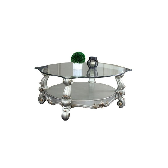 ACME Versailles Coffee Table, Antique Platinum & Clear Glass