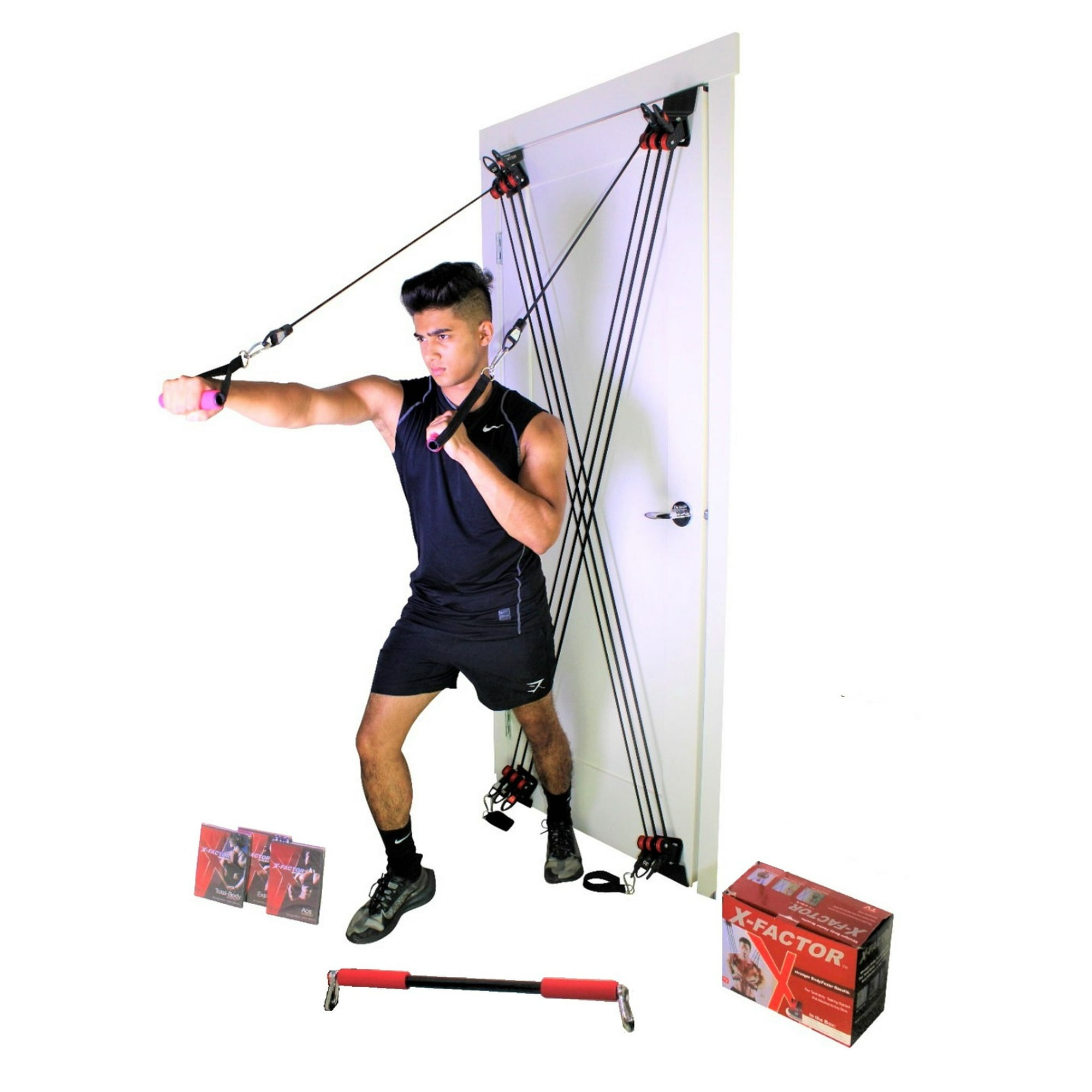 X FACTOR Home Gym Full Body Workout Door Gym Exercise System Multi Gym Doorway Fitness Strength Training Total Gym Heavy Resistance Bands Includes Squat Bar 2X Padded Handles 2X Ankles Straps DVD