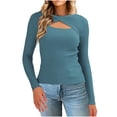 thumbnail image 6 of Htigea Women's Cutout Sweaters Ribbed Knit Long Sleeve Stretch Slim Fit Pullover Lightweight Fall Base Layer Tops Blue S, 6 of 6
