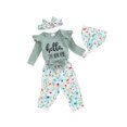 thumbnail image 2 of Yunliwuli Infant Girl Fall 4Pcs Outfit Letter Print Long Sleeve Romper with Flower Pants and Hat Bow Headband Set, 2 of 10