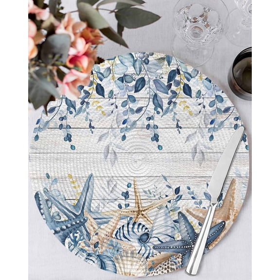 13 Inch Round Placemats Set of 6, Blue Eucalyptus Coastal Non Slip Heat Insulation PP Table Mats, Beach Starfish Shell Nautical Retro Washable Place Mats for Kitchen Dining Party Table Decor