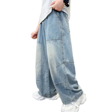 AINIYS Boys Wide Leg Baggy Jeans High Waist Denim Pants with Washed Finish for Street Style Light Blue 14-15Years