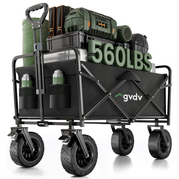GVDV Collapsible Folding Wagon, 560LBS Large Heavy Duty Utility Cart with All-Terrain Wheels and Adjustable Handles for Shopping, Camping, Sports, Outdoor, Beach, Black