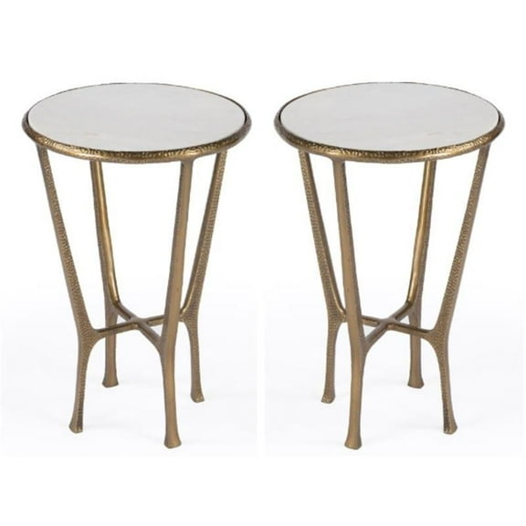 Home Square Contemporary Marble & Aluminum Side Table in Gold - Set of 2