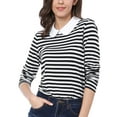thumbnail image 3 of INSPIRE CHIC Women's Long Sleeve Top Contrast Striped Doll Collar Elastic Loop Back Casual Blouse XS Black, 3 of 9