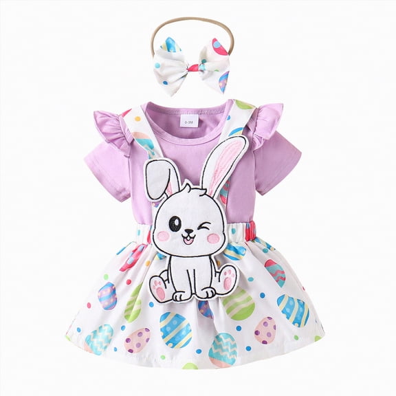 Kaprioy My First Easter Baby Girl Outfit Girls Clothes Bunny Ruffle Short Sleeve Shirt Onesie Suspender Easter Rabbit Skirt Newborn Easter Clothes Headband