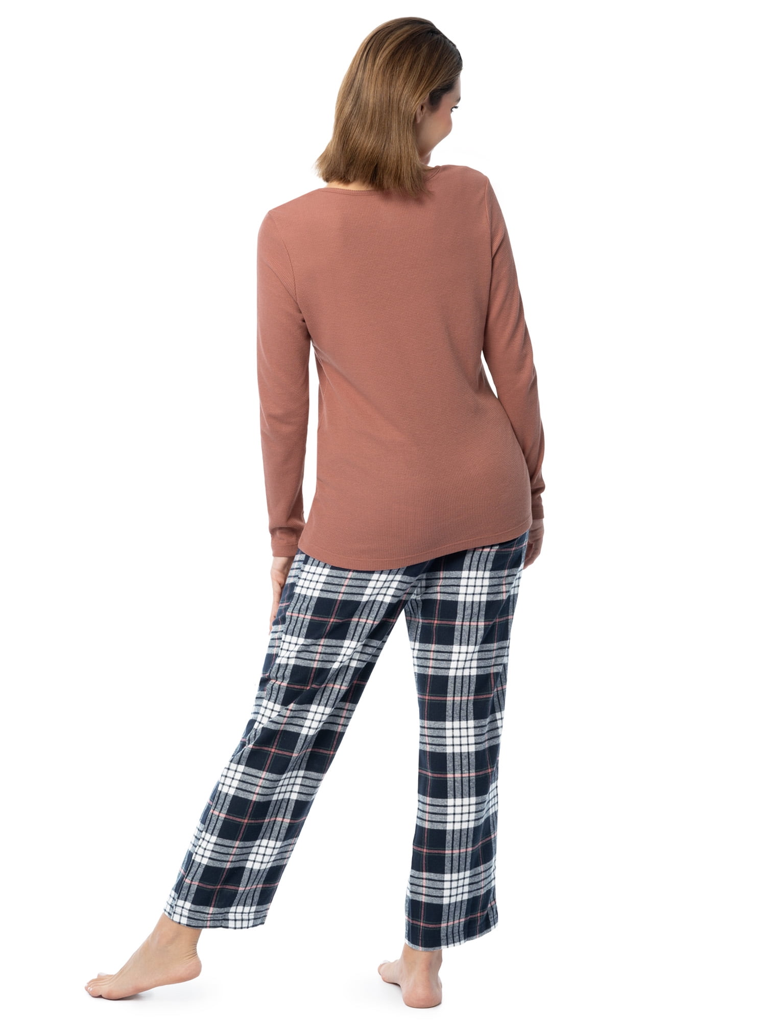 Fruit of the Loom Women's Beyond Soft Long Sleeve Waffle Top and Flannel Bottom Pajama Set, Sizes S-4X
