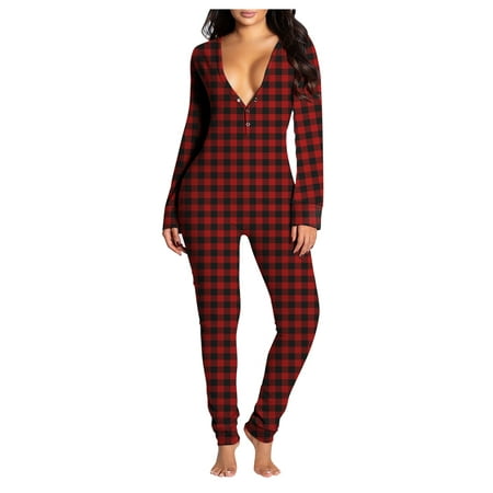 

Chiccall Lounge Sets for Women Sexy Onesies Pajamas V Neck Long Sleeve Plaid Print One Piece Jumpsuits Bodysuit Romper Sleepwear with Butt Flap on Clearance