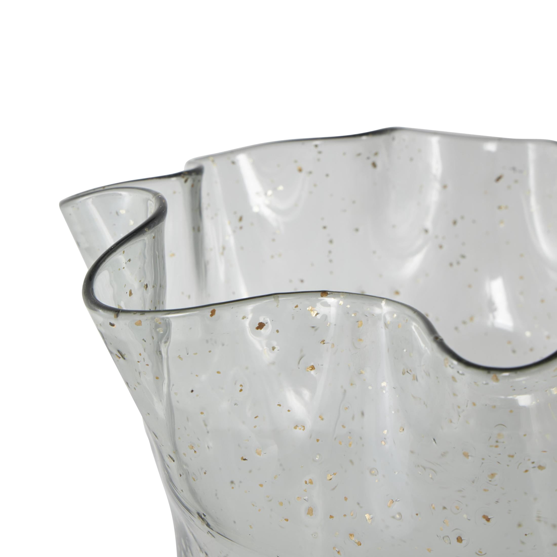 DecMode 11" Floral Tulip Inspired Wide Black Glass Vase with Wavy Opening and Gold Speckles