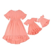 Doqcey Mother  Daughter Family Matching Dress Solid Color Irregular Dress