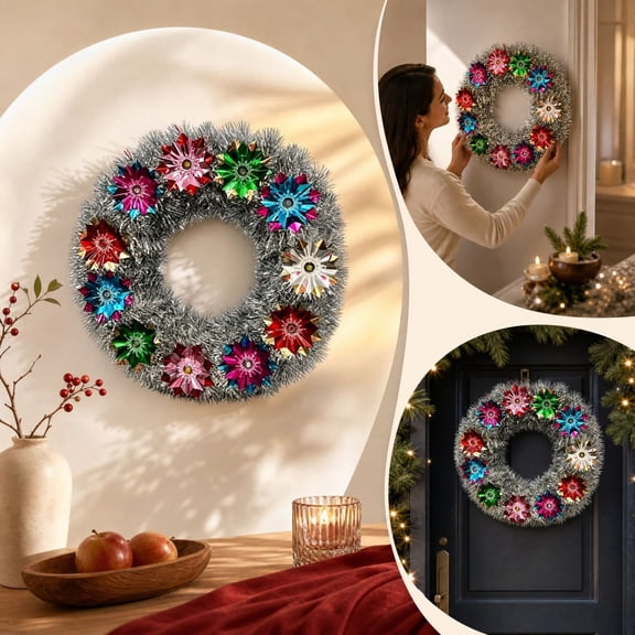 Clearance! Christmas Tinsel Wreath with Music and Lights Colorful Floral Pompoms Front Door Decor Mantel Fireplace Wall Porch Hanging Decoration Xmas Holiday Party Ornament