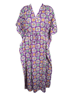 Mogul Womens Purple Floral Caftan V-Neckline Cotton Printed Kimono Sleeves Cover Up Maxi Dress Kaftan One Size
