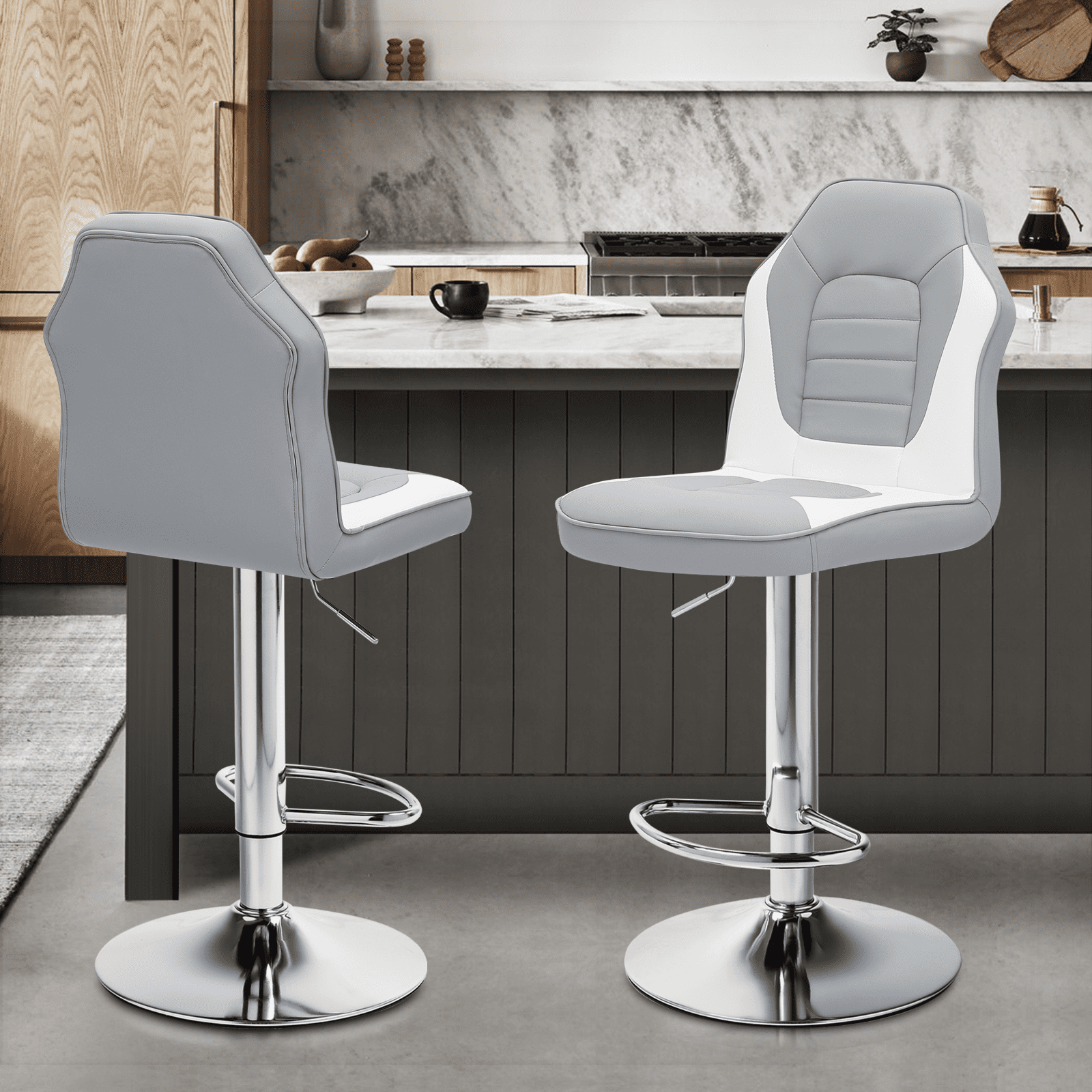 Magshion Extra Comfort Modern Racing Seat Bar Stools Chair Adjustable Swivel Mixed Color Set of 2 Gray/White