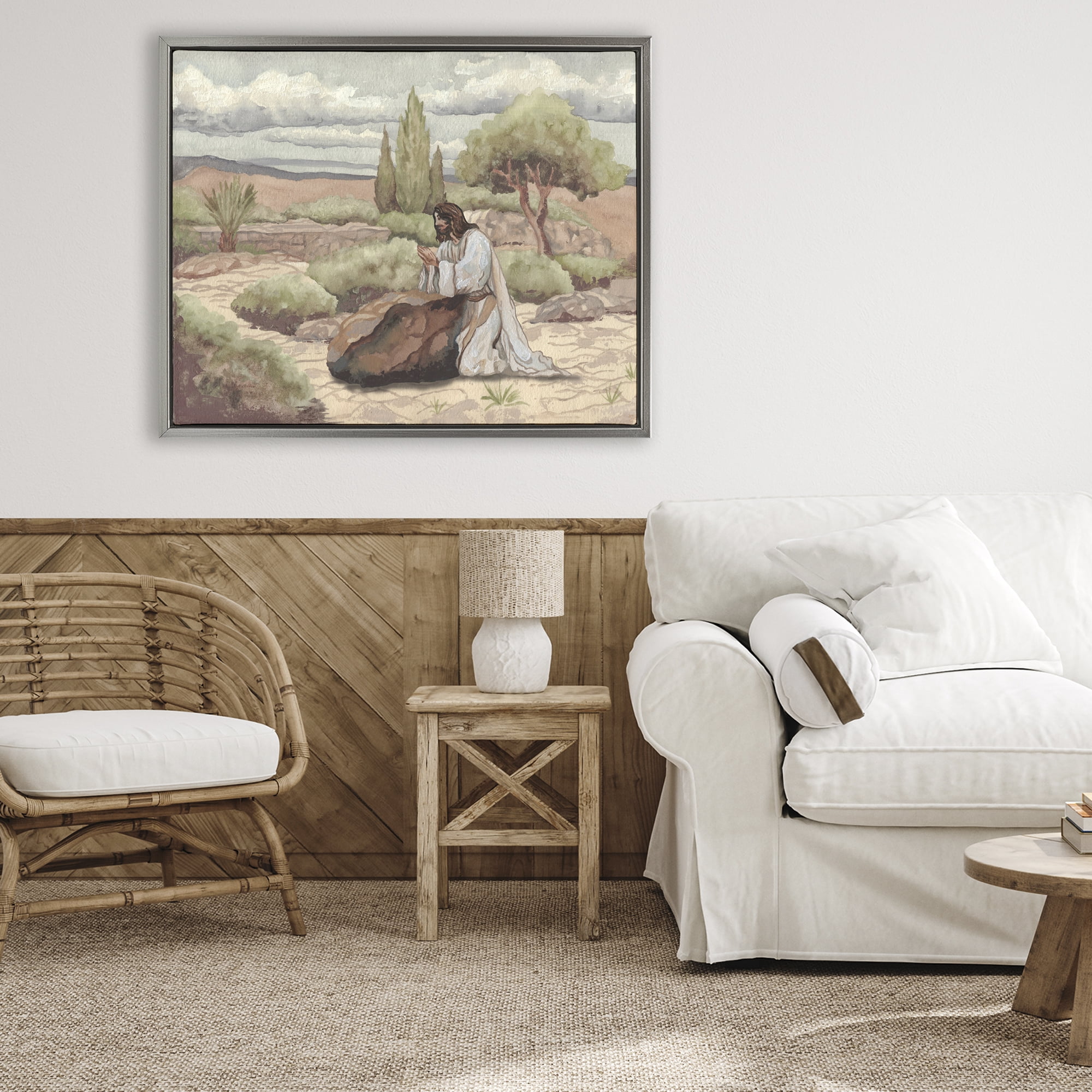 Stupell Industries Jesus Praying Countryside Gray Framed Floater Canvas Wall Art, design by Elizabeth Medley