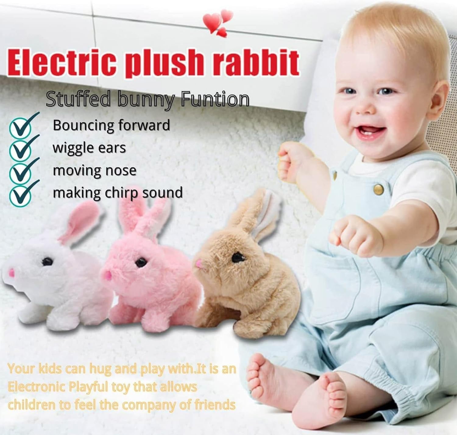 Realistic Bunny Toy, Bunny Toys Educational Interactive Toys, Easter Plush Stuffed Bunny Toy Walking Rabbit Educational Toys for Kids, Hopping Wiggle Ears Twitch Nose(IL-2PCS)