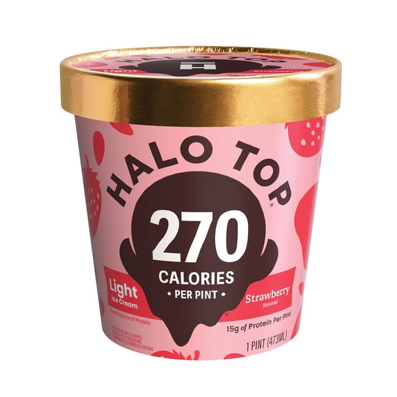 Halo Top Strawberry Flavored Light Ice Cream, With A Good Source of Protein, Lower Calorie Frozen Dessert, 16 fl oz Pint