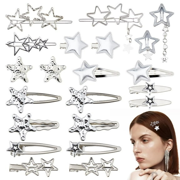 21pcs Star Hair Clips 13 Styles Silver Pentagram Hair Snap Clips Alloy Hair Stars Barrettes Set for Women Ladies Punk Kawaii 2000s Accessories Hair Decoration Silver