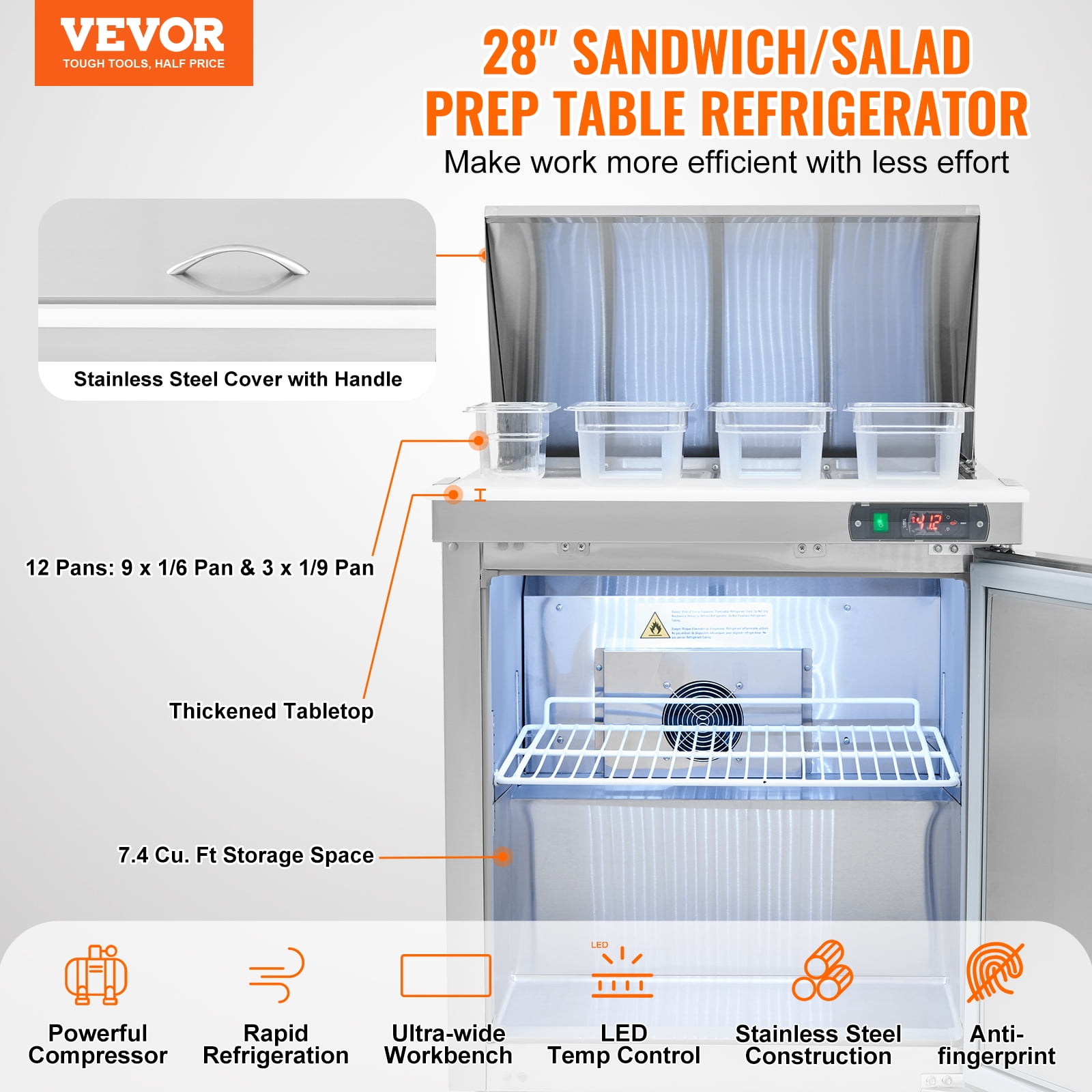 VEVOR 28" Commercial Refrigerator Sandwich & Salad Prep Table, 7.4 Cu. Ft Stainless Steel Refrigerated Food Prep Station with 12 Pans, Cut Board, Frost Free Refrigerator