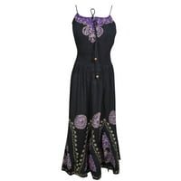 Mogul Womens Beach Party Dress Batik Embroidered Strapy Elastic Waist Boho Chic Rayon Black Sundress M