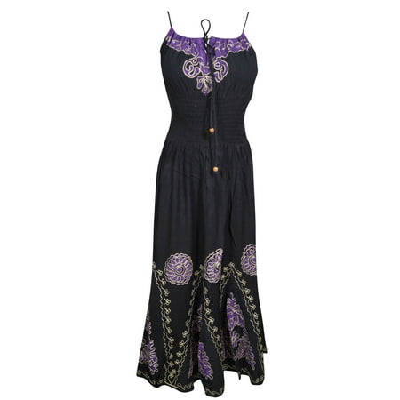 Mogul Womens Beach Party Dress Batik Embroidered Strapy Elastic Waist Boho Chic Rayon Black Sundress