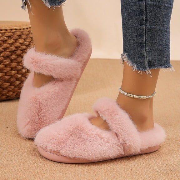 JUSLIO Womens House Slippers, Indoor House Slippers Closed Toe Slide Slip On Fuzzy Plush Flat Sole Non Slip Slippers Pink
