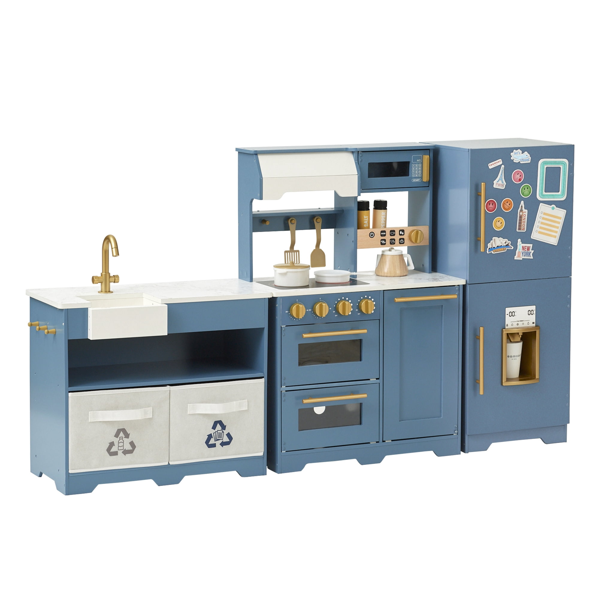 Teamson Kids Little Chef Atlanta Modular Wooden Play Kitchen with Ice Maker, Magnetic Fridge & 17 Accessories