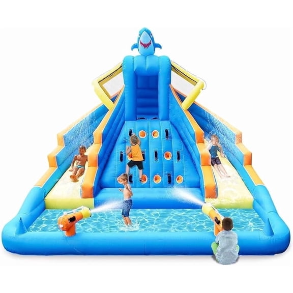 COCOFISH 13FT Inflatable Water Slide, Shark Design, Dual Slides, Climbing Wall, Pool, Water Cannon, 680W Blower Included