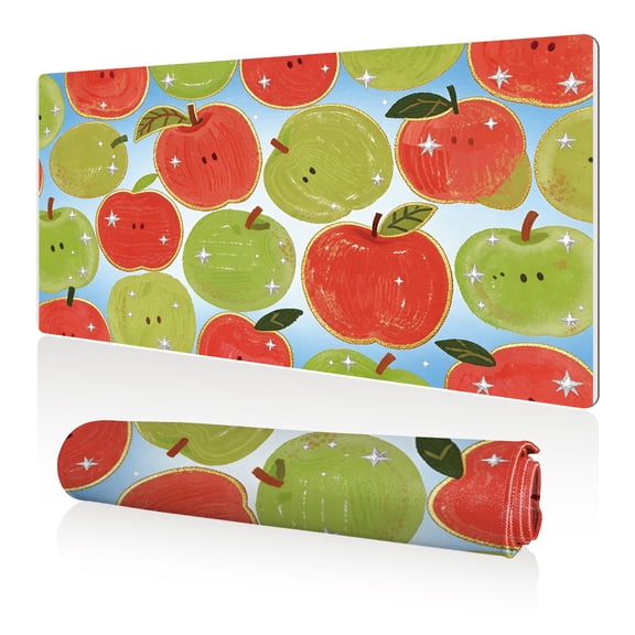 LIVEKEY Mouse Pad 80x40cm Extra Large Non Slip Stitched Durable Easy Clean Red Green Apples with Stars and Gold Glitter Pattern for Gaming Office