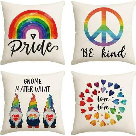 

AVOIN Watercolor Rainbow Pride Be Kind LGBTQ Throw Pillow Cover 16x16 inch Love Heart Gnome Holiday Party Cushion Case for Sofa Couch Set of 2