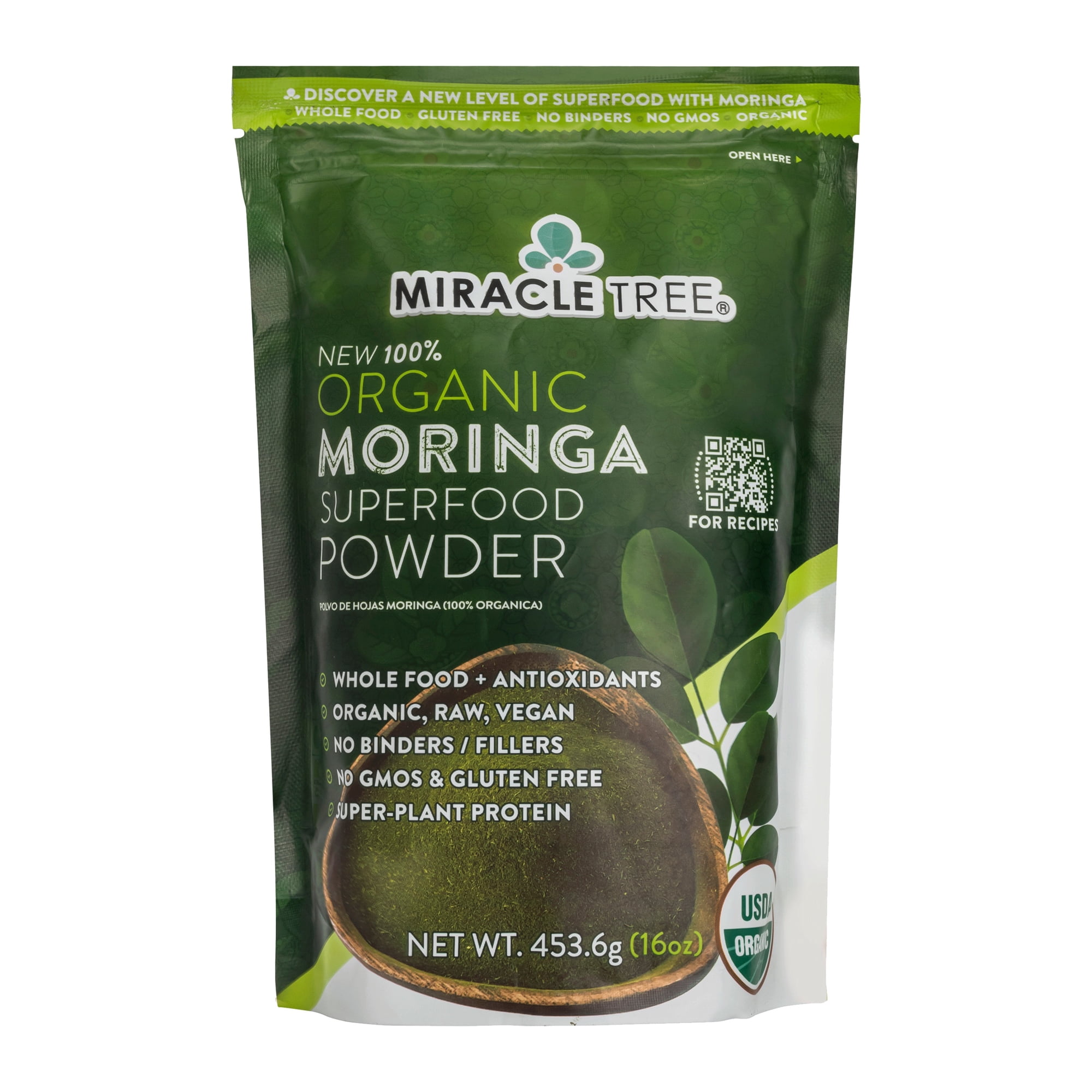 Miracle Tree Organic Moringa Powder, Superfood Green Powder, 16 oz Pouch