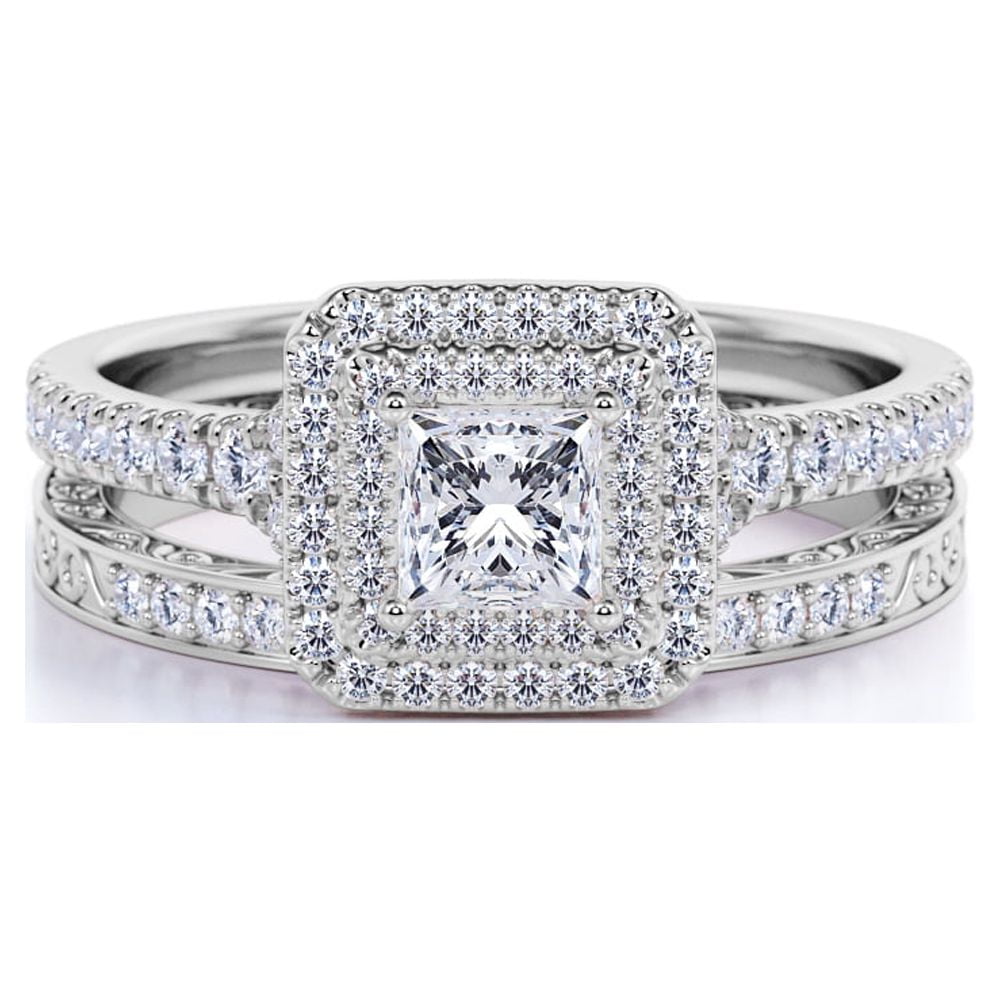 JeenMata 1.75 ct - Square Cut Moissanite - Pave Set - Split Band - Double Halo Engagement Ring - Bridal Set - 18K White Gold Plating for Women