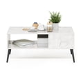 thumbnail image 4 of Furinno Claude 2-Tier White Coffee Table, Mid-Century Style Coffee Table with Wooden-Legs, Side Table with Open Shelf, for Living Room, Bedroom, Home Office, Light Marble, 4 of 5