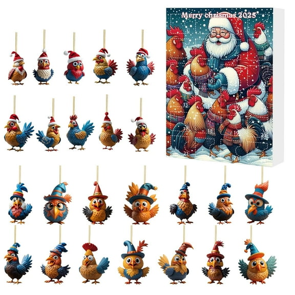 2025 Christmas Advent Calendar Chicken with Santa Hats, 24 Days Countdown Calendar with 2D Hanging Ornaments, Funny Chicken Tree Decor for Kids Toddlers Xmas Gifts