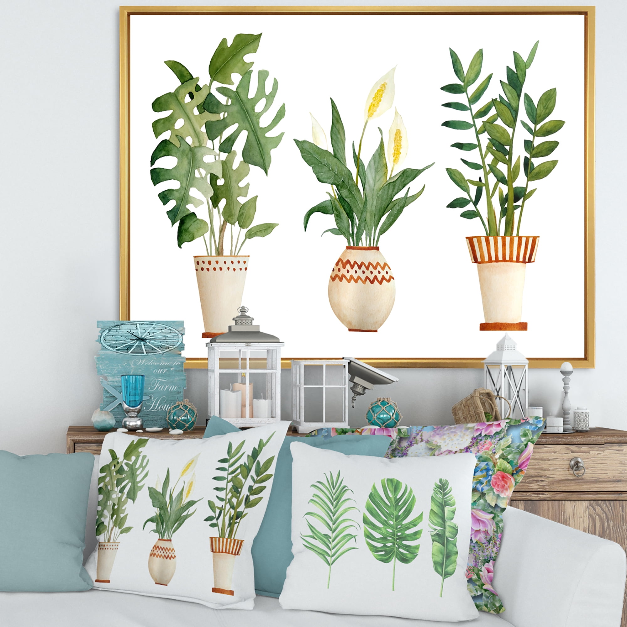 Designart 'Houseplant Peace Lily In Terra Cotta and Monstera' Farmhouse Framed Canvas Wall Art Print