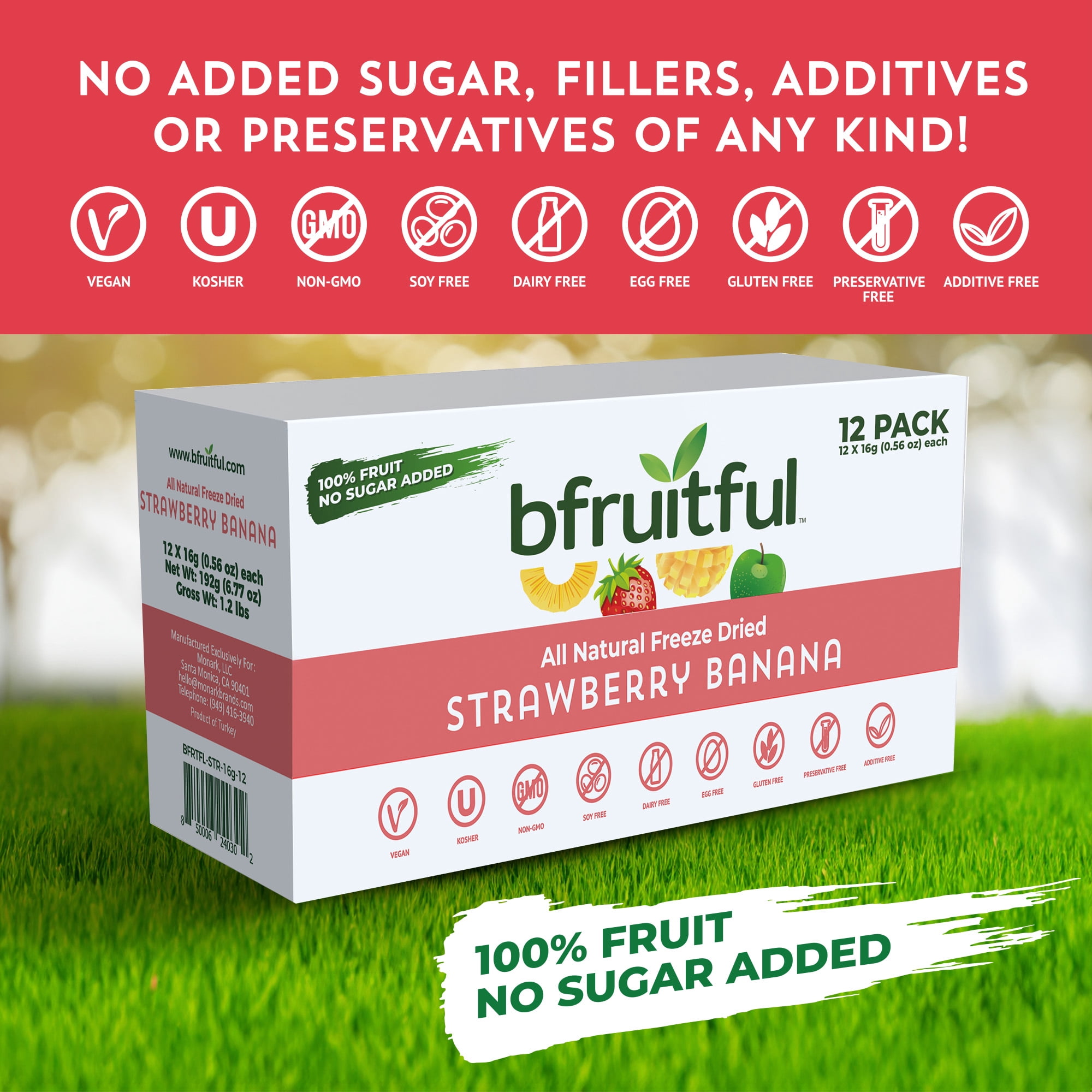 bfruitful Freeze-Dried Strawberry & Bananas Dried Fruits, 12-Count Bags, Gluten Free