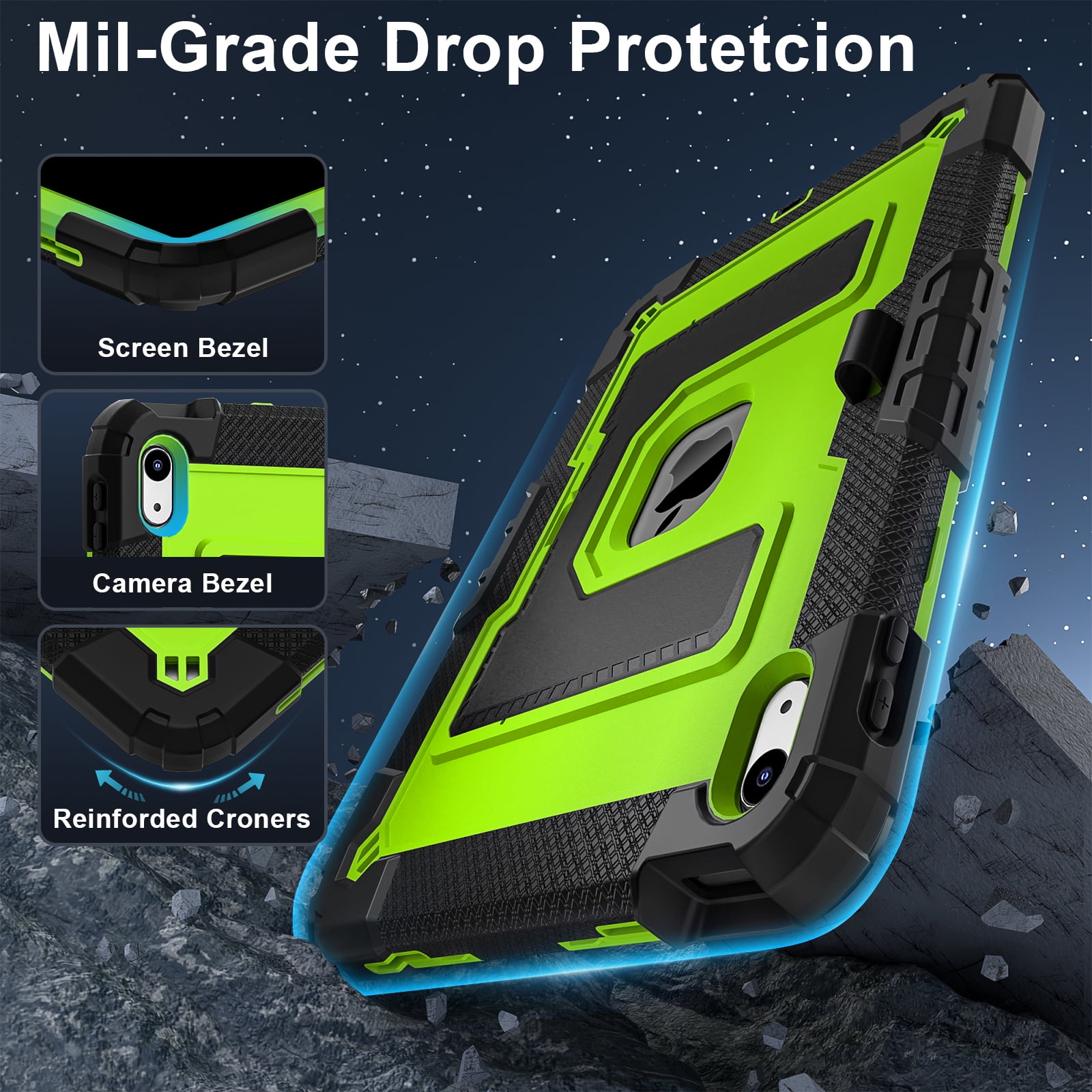 Allytechgroup Rugged Case for Apple iPad 9th 8th 7th Generation 10.2 inch 2021/2020/2019, Heavy Duty Protective Tablet Case with Kickstand, Pencil Holder & Detachable Shoulder Strap, Black+Green