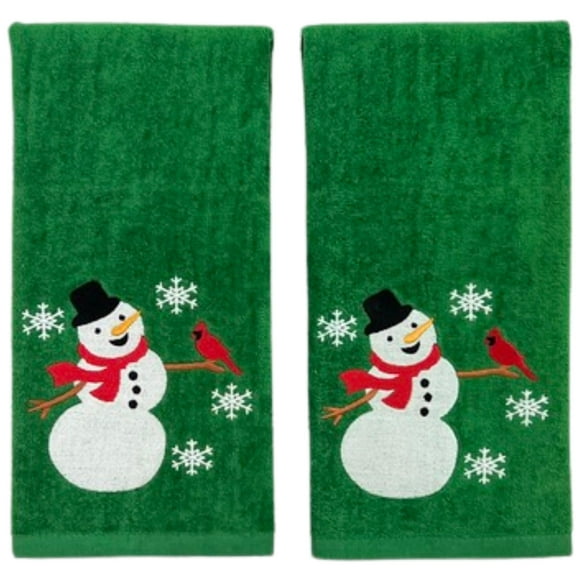 Serafina Home Holiday Christmas Bath Hand Towels Embroidered Happy Snowman With Cardinal Friend With A Stitched Hem On Green 2 Piece Set 16 X 25 Inches 100% Cotton