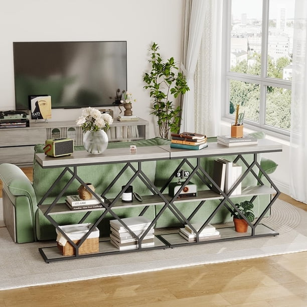 Yeshouse Consola de entrada de 3 niveles, mesa de sofá industrial con estantes abiertos, mesa auxiliar con estructura en X para recibidor, pasillo o entrada