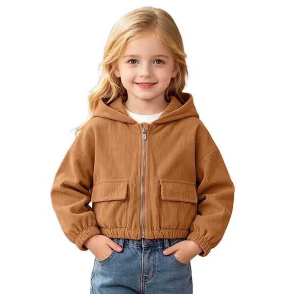 SNKSDGM Kids Solid Zip Up Hooded Casual Jacket 4-13Y, Long Sleeve Elastic Sweatshirt Coat With Double Big Patch Pockets Loose Cropped Sports Outerwear Girls Coffee 8-9 Years