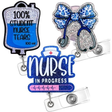 3PC Blue Student Nurse Badge Reel Cute Acrylic Floral Bow Ribbon Stethoscope Glittery RN in Progress Name Holder Retractable Clip Gifts for Doctor Medical Assistant CNA Nursing Students Pharmacy