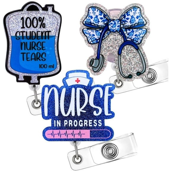 3PC Blue Student Nurse Badge Reel Cute Acrylic Floral Bow Ribbon Stethoscope Glittery RN in Progress Name Holder Retractable Clip Gifts for Doctor Medical Assistant CNA Nursing Students Pharmacy