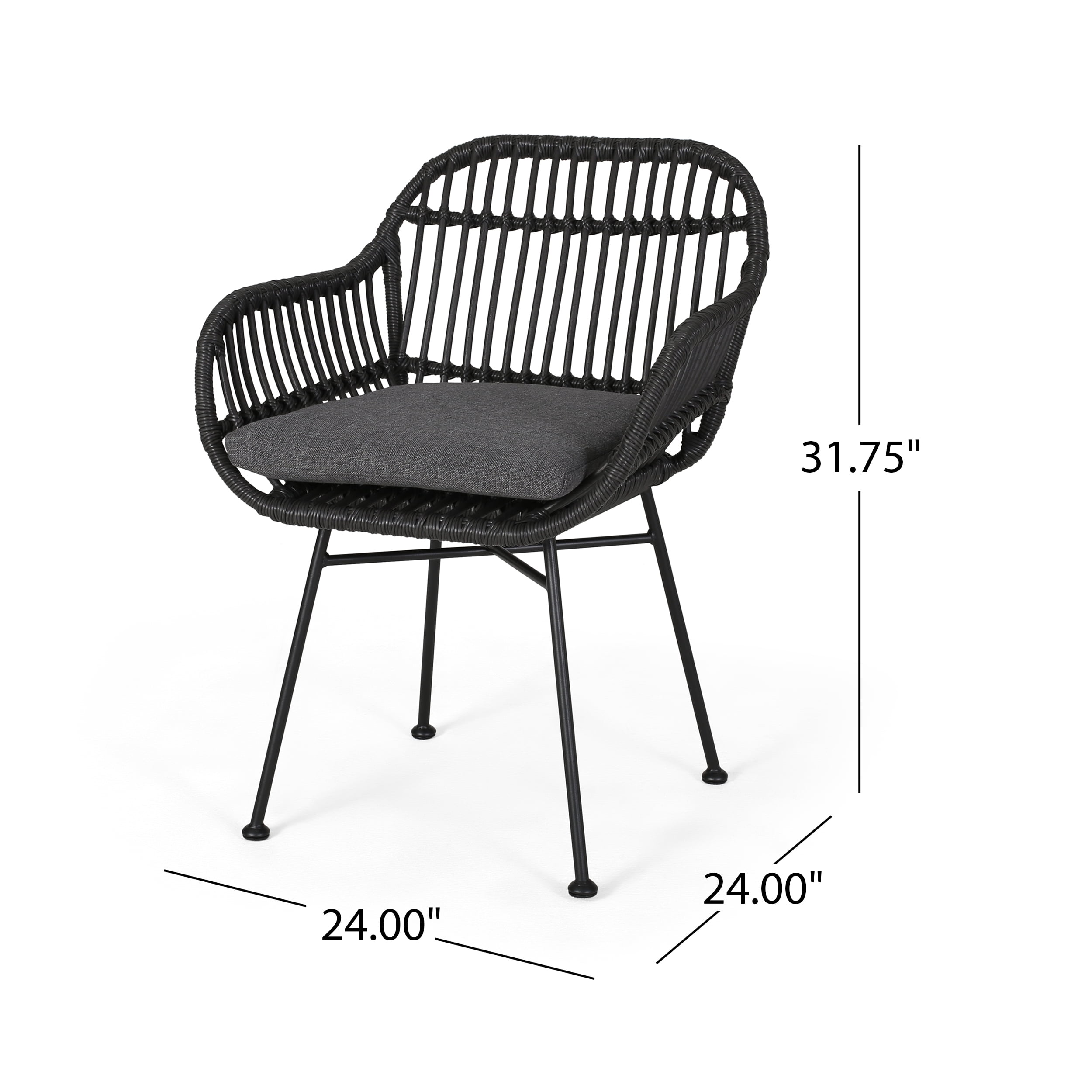Euroco Set of 2 Modern PE Rattan Accent Chairs with Water-Resistant Cushions and Black Steel Frame