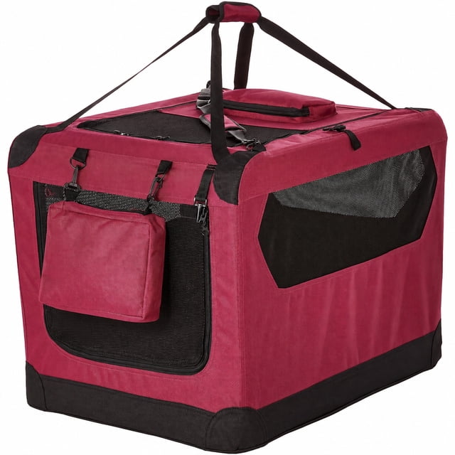 91 cm Soft Dog Crate Foldable Portable Pet Carrier with Mesh Windows, Top & Front Openings, Carry Handles, Shoulder Strap and Washable Fleece Pad, Red