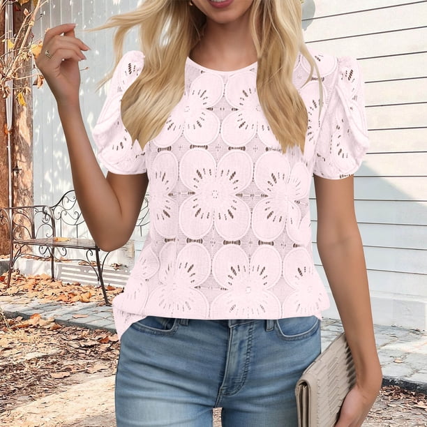 Craaazy Women's Relaxed Fit Crew Neck Blouse, Solid Color Short Sleeve Lace Eyelet Top, Loose Comfy Floral Lace Casual Tee for Summer Gifts