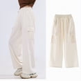 thumbnail image 2 of Ccpelsie Girls Casual Cargo Pants with Elastic Waist and Functional Pockets Loose Fit Wide Leg Trousers Y2K Inspired Spring Style(A01-Beige,10-12 Years), 2 of 5