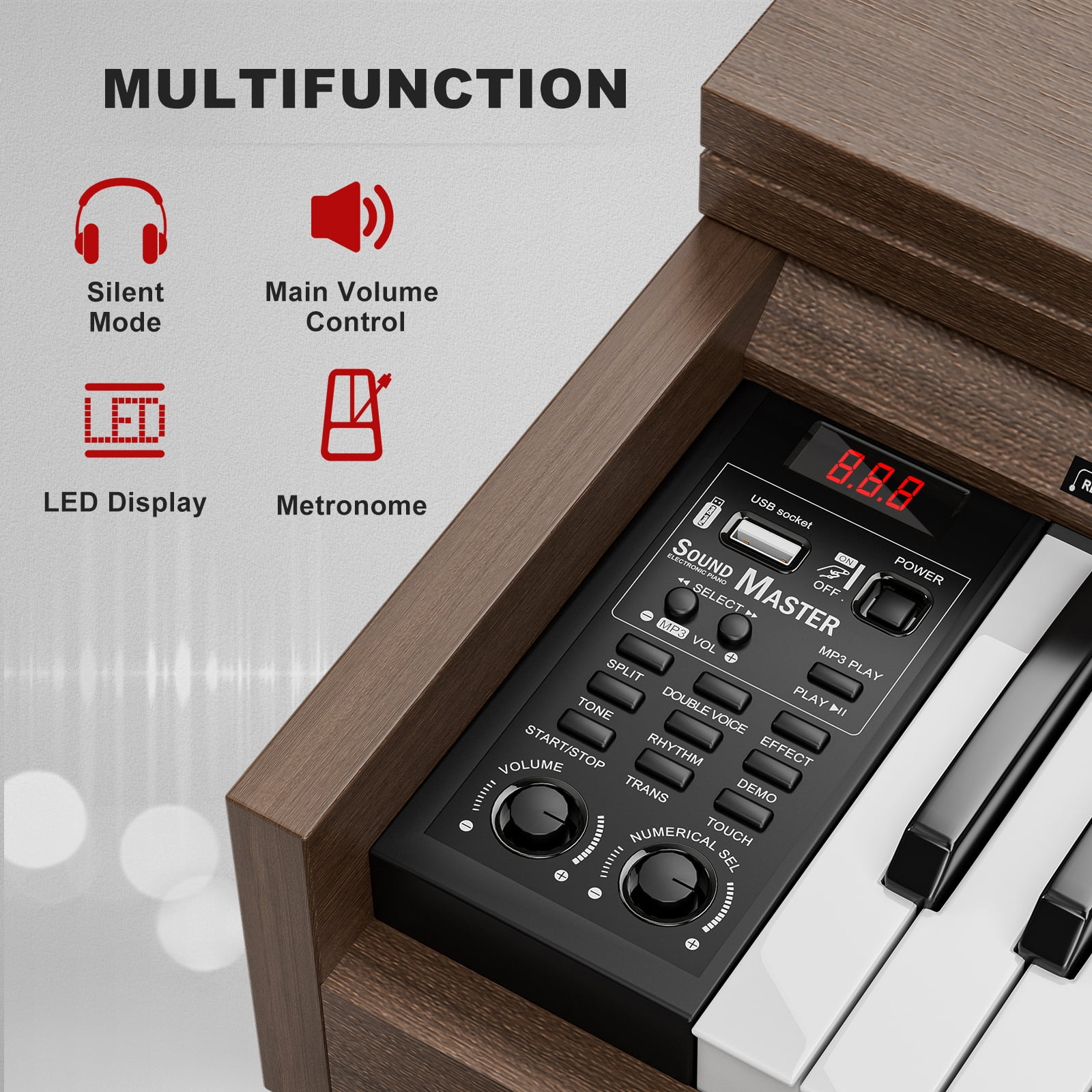 UMOMO 88 Weighted Key Digital Piano Keyboard with Piano Bench, Full Size Electric Piano with Piano Stand, Headphone Jack, 3 Pedal, Electronic Piano for Beginner, Adults, Brown